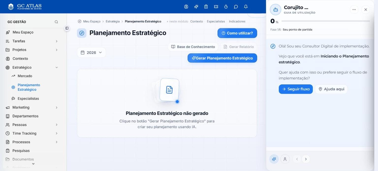 Tela do GC Atlas: Planejamento Estratégico com o botão Gerar Planejamento Estratégico e, ao lado, o Corujito, consultor digital que orienta a implementação